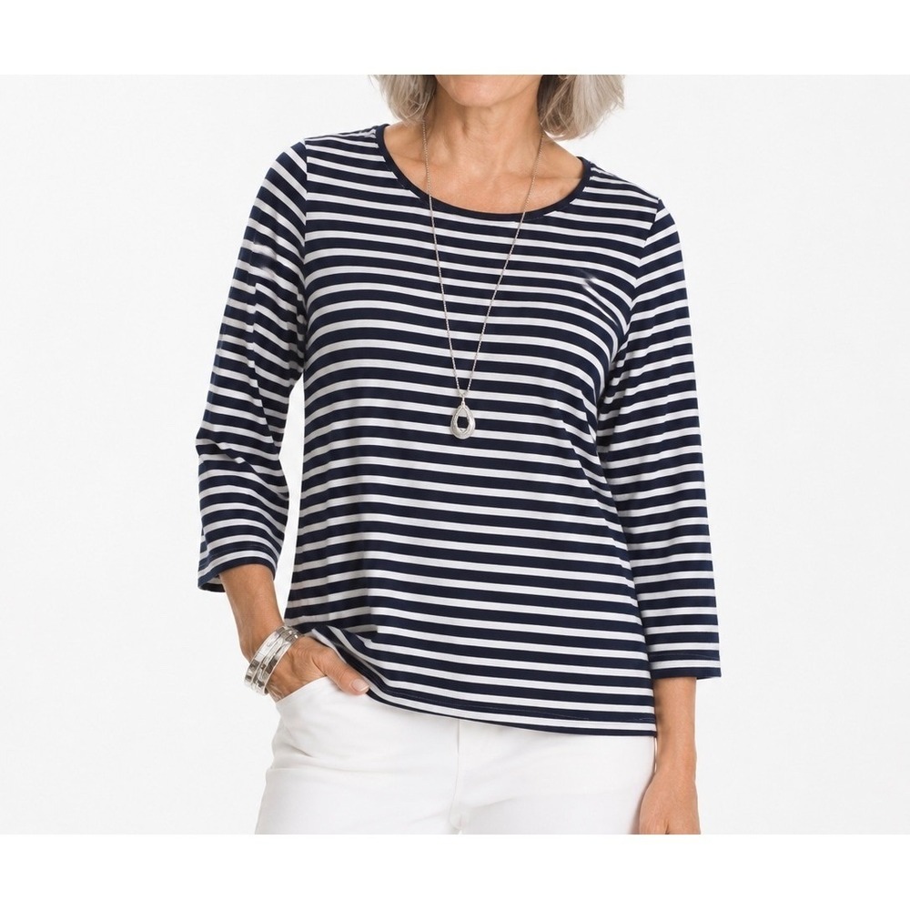 Chicos Navy Blue White Striped 3/4 Sleeve Top Pleated Shoulder Size 1 Medium